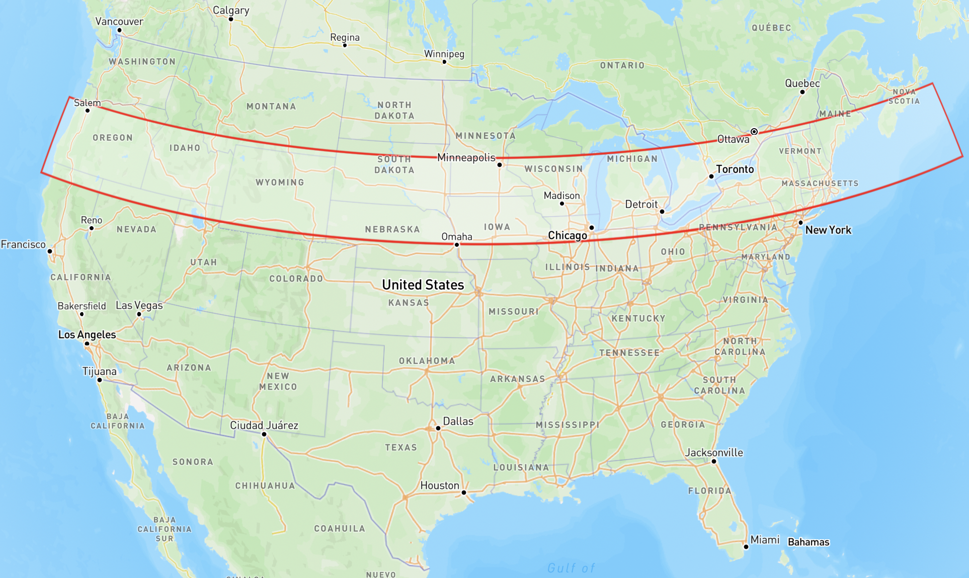 Map of English-speaking latitudes between 41.3°N and 45.3°N