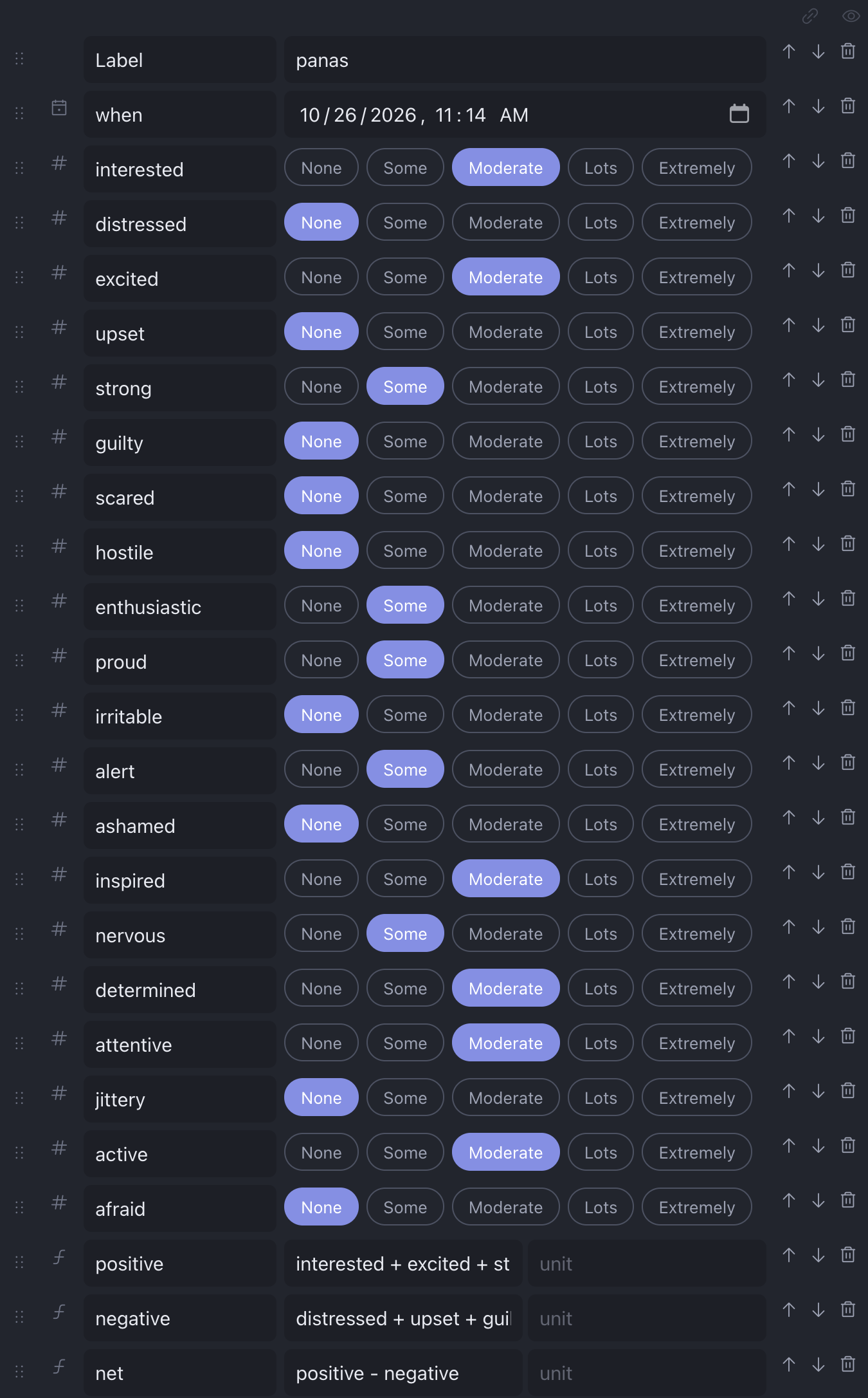 A PANAS survey with buttons instead of number inputs