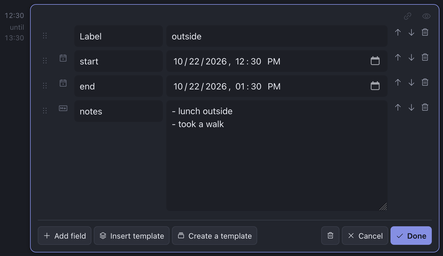 A form for entering start and end time